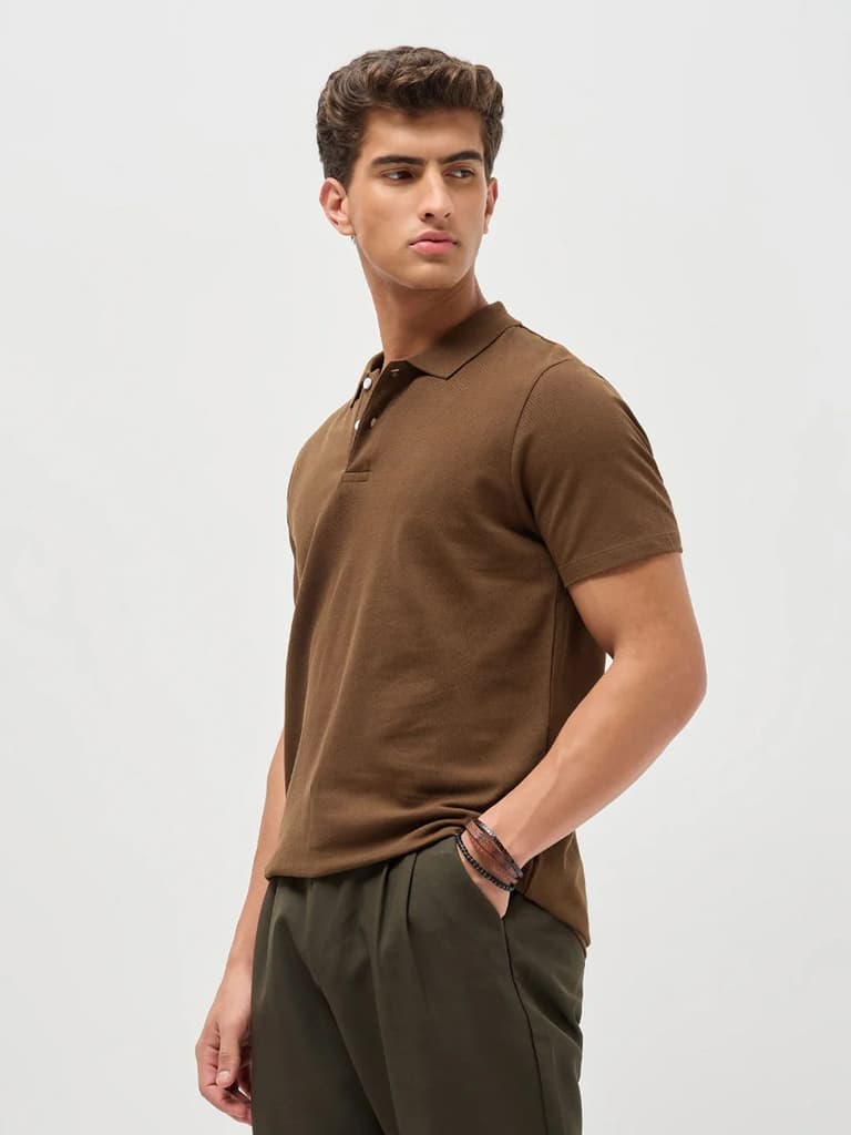 Men's Dark Brown Solid Regular Fit Half Sleeve Cotton Polo T-Shirt — photo 2