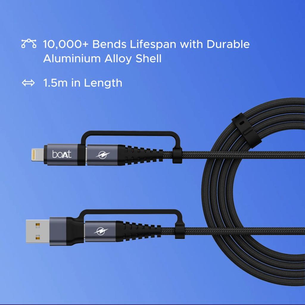 boAt Flexicharge 400 | 4-in-1 Charging Cable with 2 Swappable Heads, 480 Mbps Data Sync, USB-A, Type-C, & Lightning, 1.5m Cable — photo 4