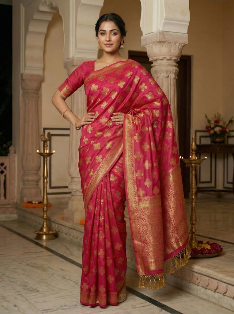 MIMOSA Women's Woven Design Mysore Silk Style Crepe Saree with Blouse Piece - Rani ( SA00003122RNFREE ) — photo 2