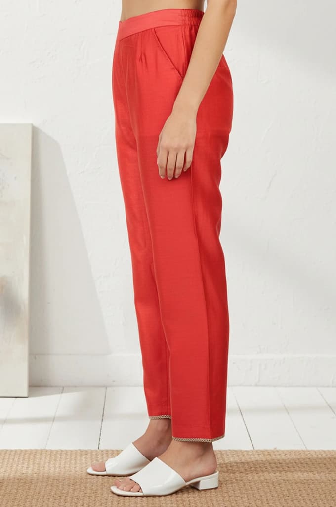 Red Solid Straight Fit Ankle Length Straight Pants — photo 3