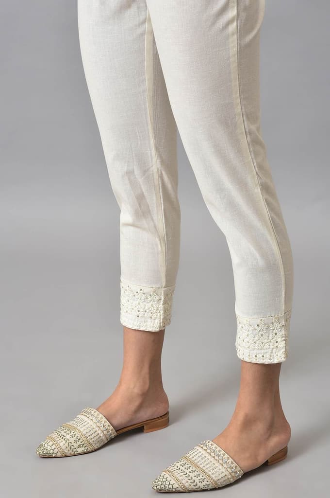 White Embroidered Cotton Flax Slim Pants — photo 8