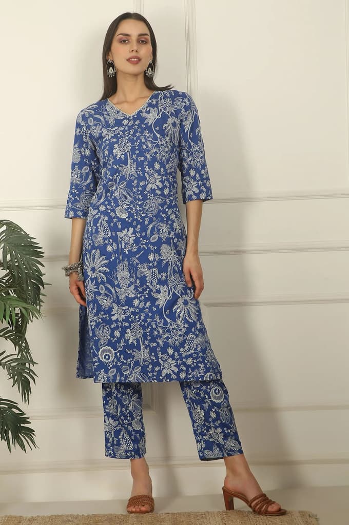 Blue Floral Printed Modal Straight Kurta and Pants Co-ord Set — photo 2