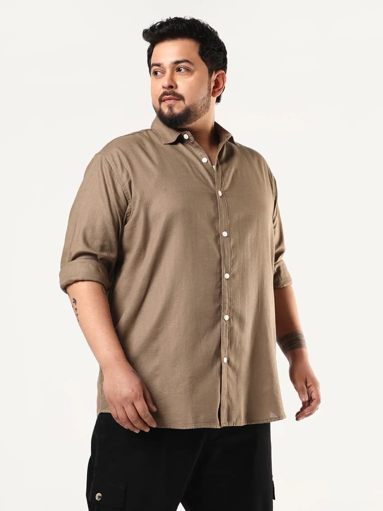 Plus Men's Coffee Linen Blend Full Sleeve Relaxed Fit Casual Solid Shirt — photo 2