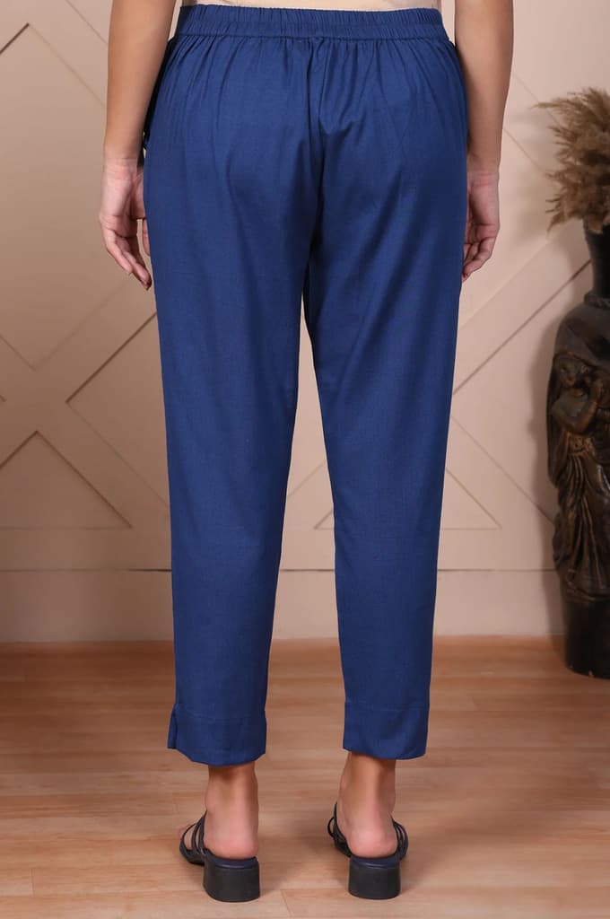 Elleven Women's Blue Solid Cotton Flax Mid Rise Ankle Length Slim Fit Trouser — photo 4