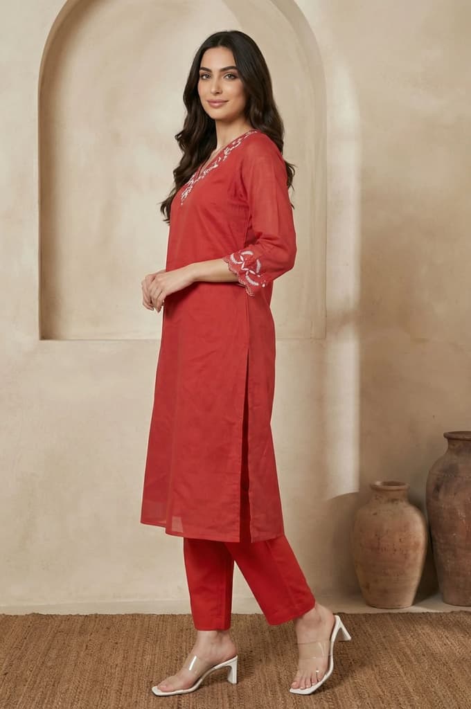 Red Thread Embroidered Straight Chanderi Kurta — photo 4