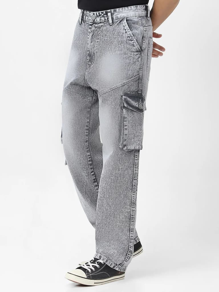 Men's Ice Grey Loose Fit Cargo Jeans With 7 Pockets Non Stretchable — photo 2