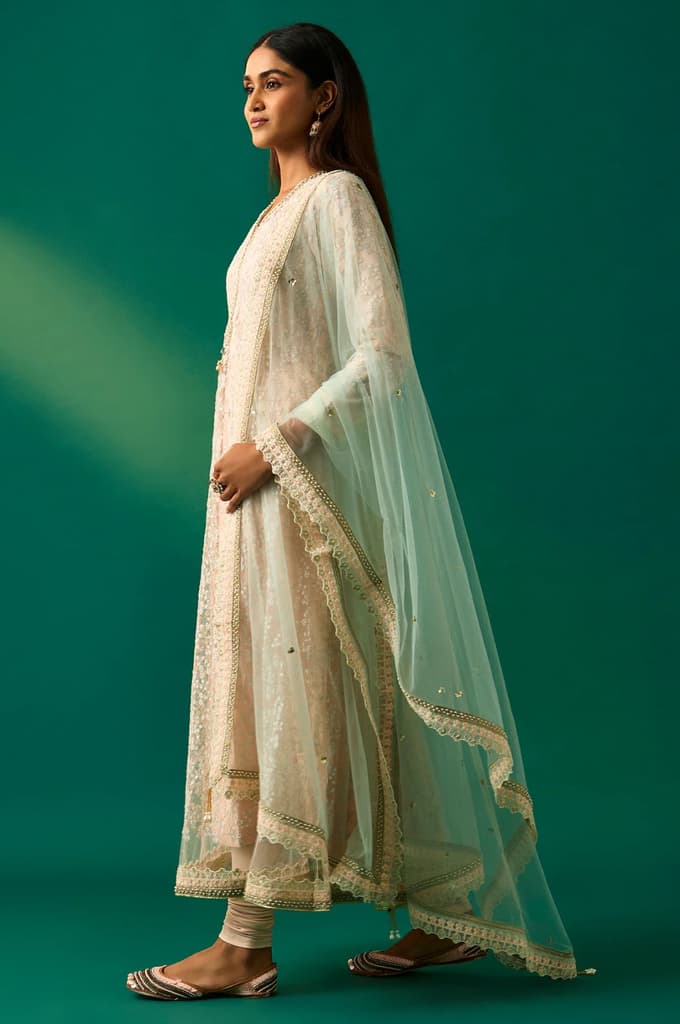 Beige Embroidered Anarkali Net Kurta with Churidar and Dupatta Set — photo 2