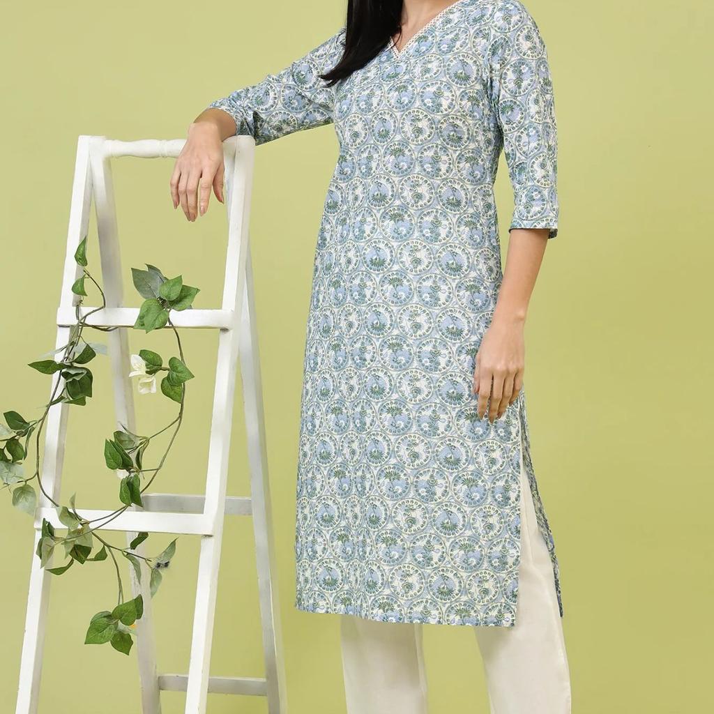 White and Blue Geometric Printed Pure Cotton Straight Kurta with Lace Detail
