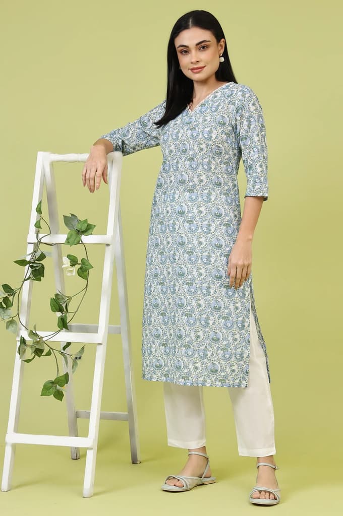 White and Blue Geometric Printed Pure Cotton Straight Kurta with Lace Detail — XS