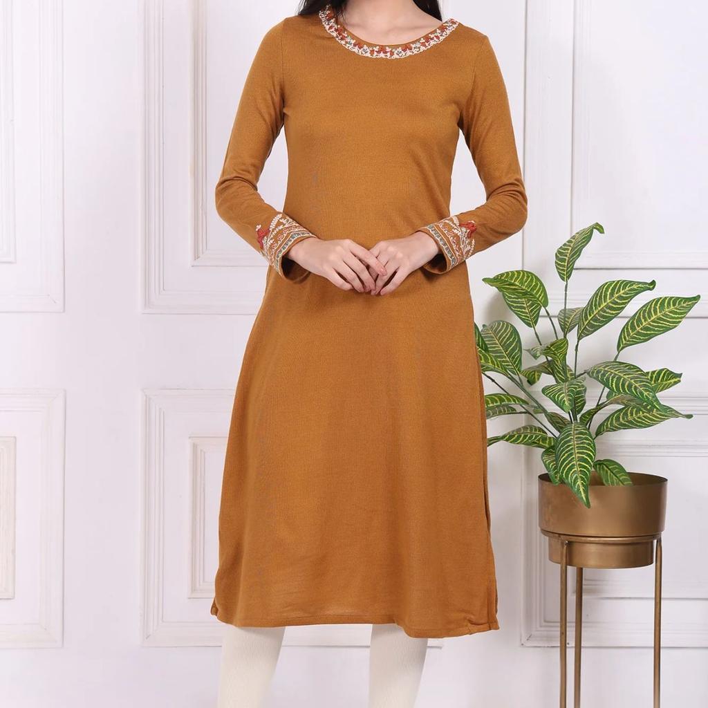 Mustard Solid Embroidered Acrylic Straight Kurta