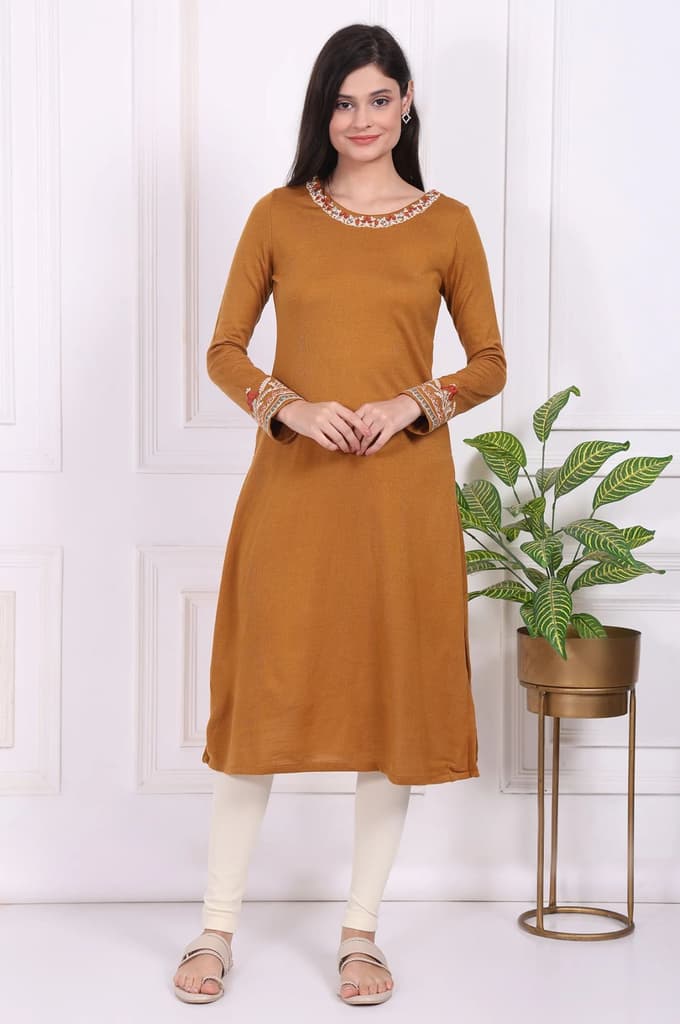 Mustard Solid Embroidered Acrylic Straight Kurta