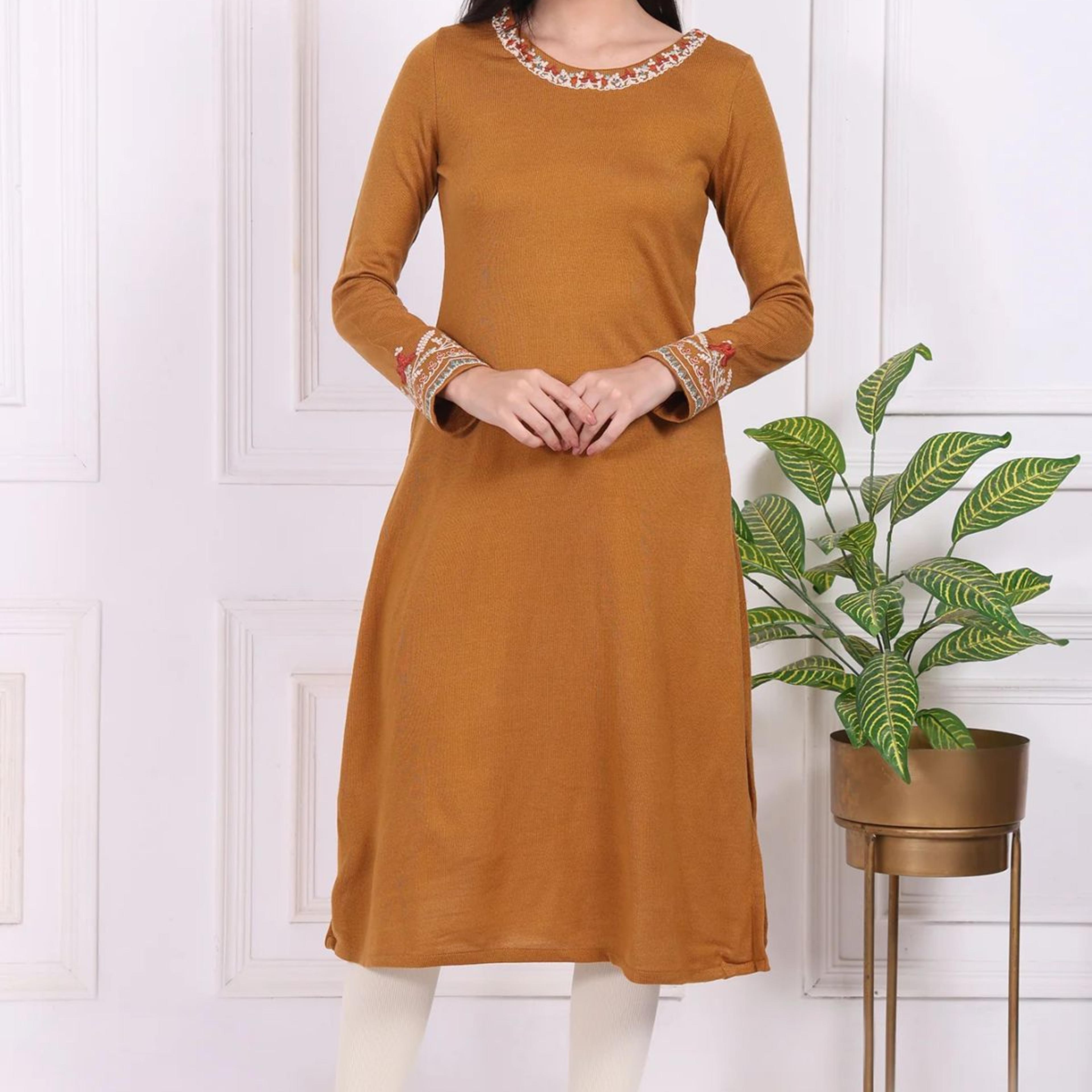 Mustard Solid Embroidered Acrylic Straight Kurta