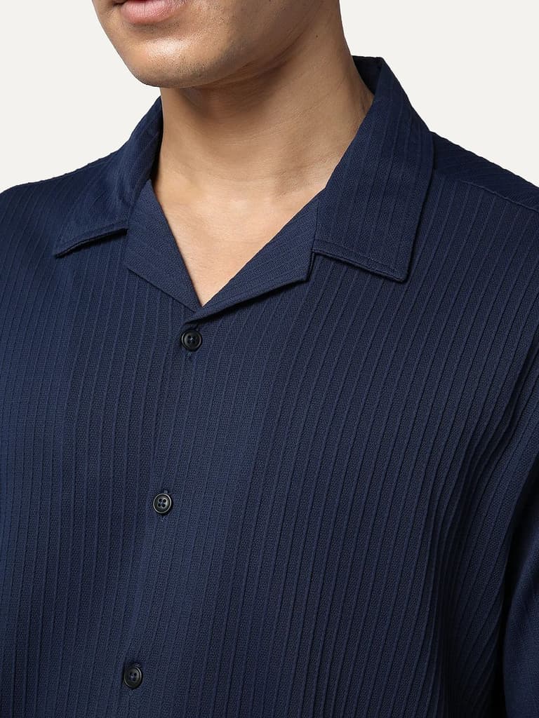 Men's Navy Cotton Half Sleeve Oversized Fit Textured Shirt with Cuban Collar — photo 5