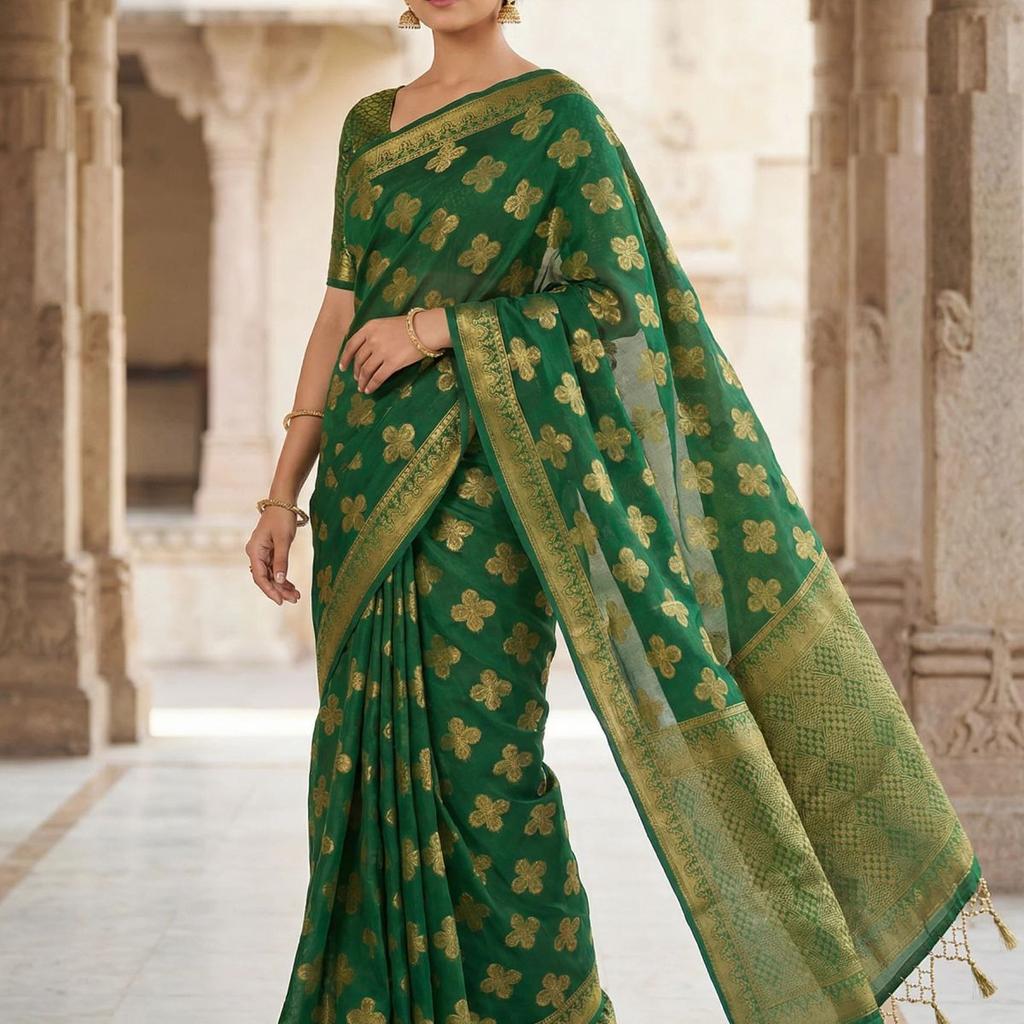 MIMOSA Women's Woven Design Mysore Silk Style Crepe Saree with Blouse Piece - Green ( SA00003122GRNFREE )