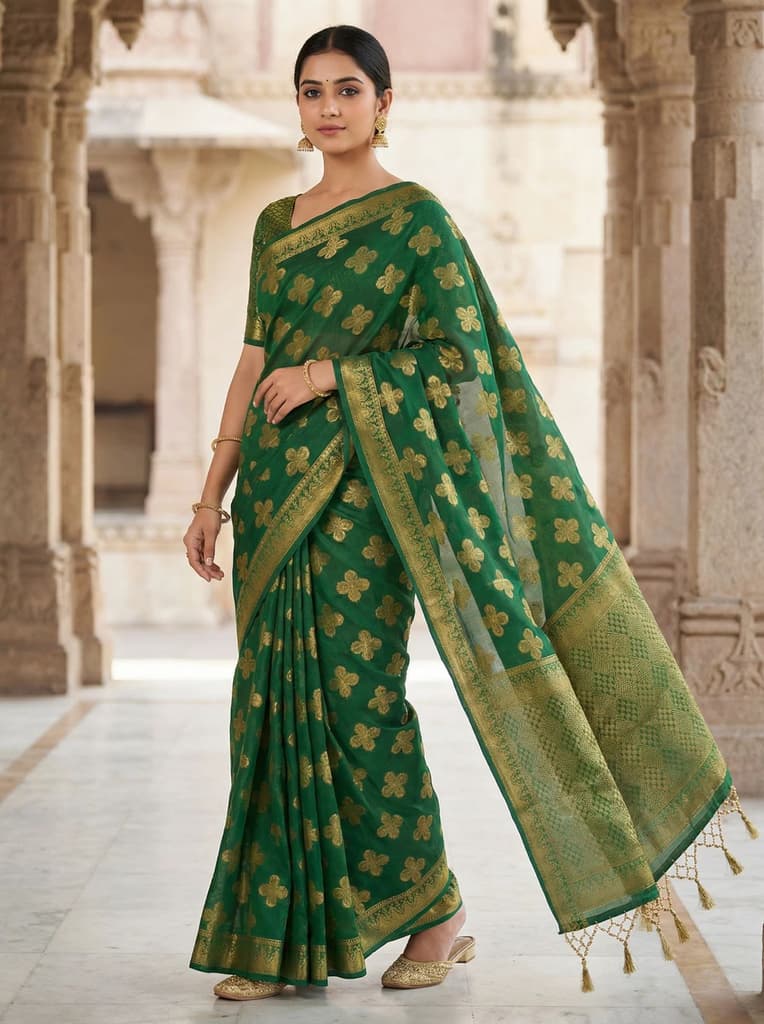 MIMOSA Women's Woven Design Mysore Silk Style Crepe Saree with Blouse Piece - Green ( SA00003122GRNFREE ) — Default Title