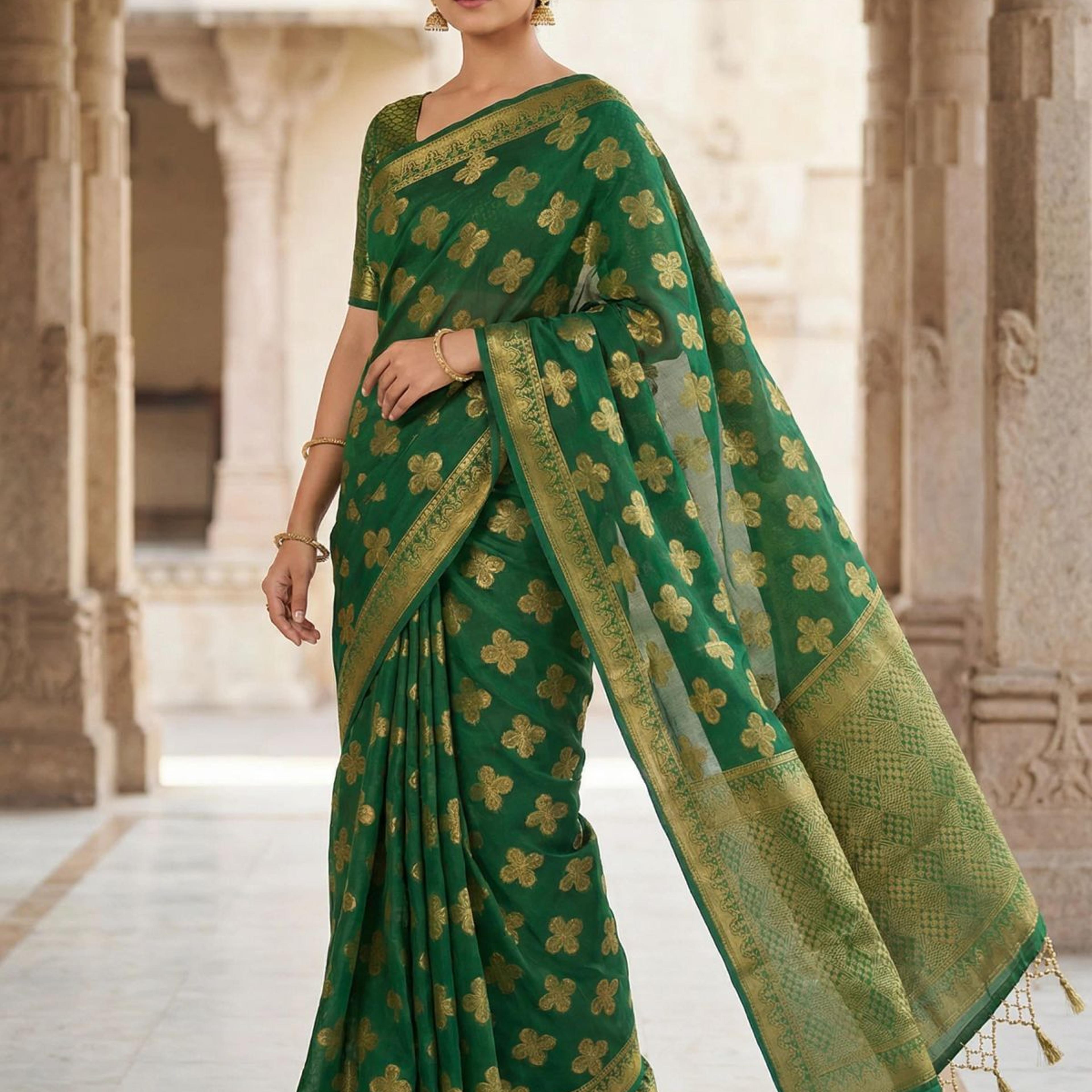 MIMOSA Women's Woven Design Mysore Silk Style Crepe Saree with Blouse Piece - Green ( SA00003122GRNFREE )