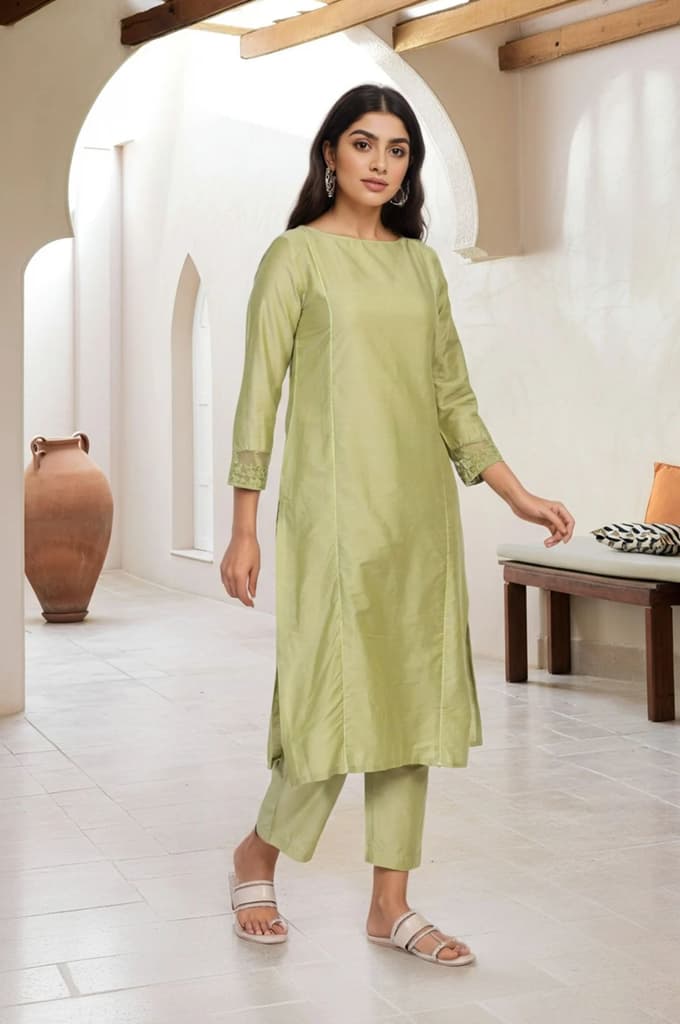 Light Green Solid Lace Trim Straight Kurta with Straight Pant and Dupatta Set — photo 4