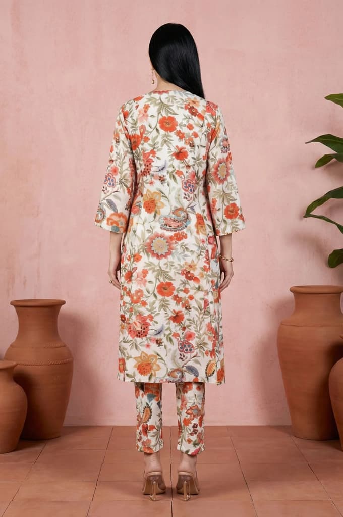 Off White Floral Printed Embroidered A-line Kurta — photo 5