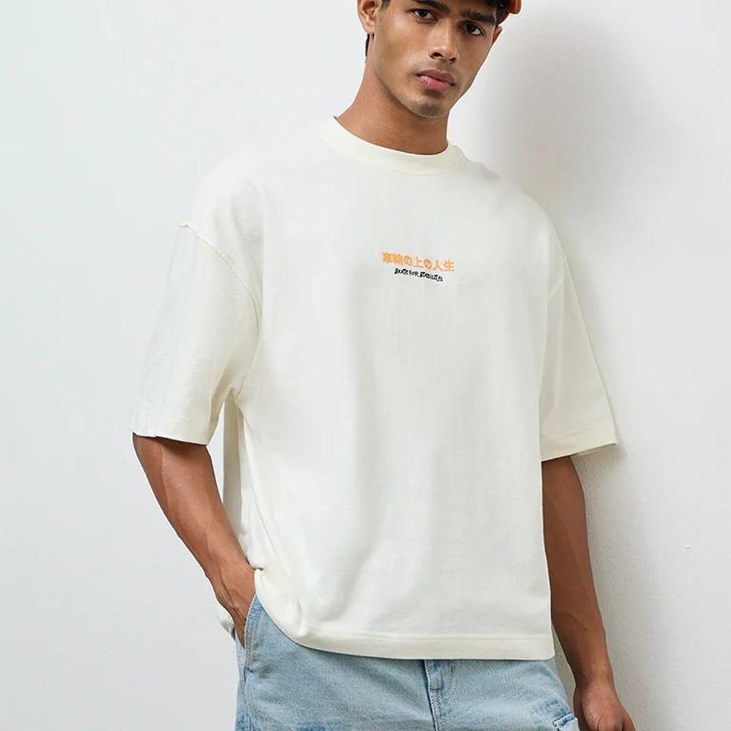 Nuon Off-White Text Printed Oversized Cotton T-Shirt