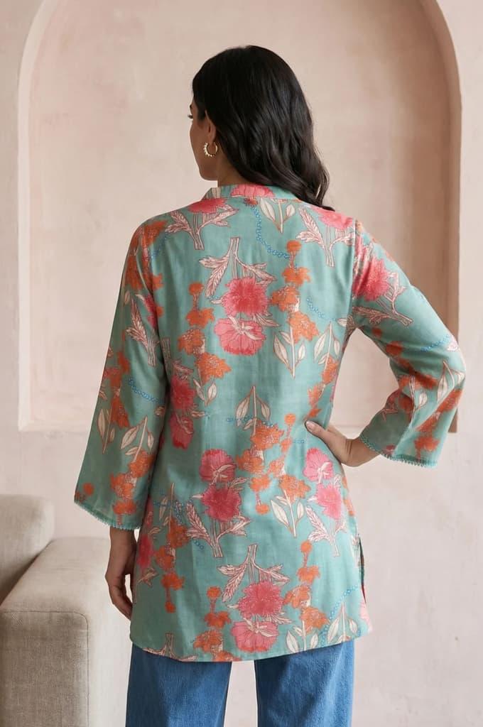 Sea Green Floral Printed Modal Straight Top — photo 5