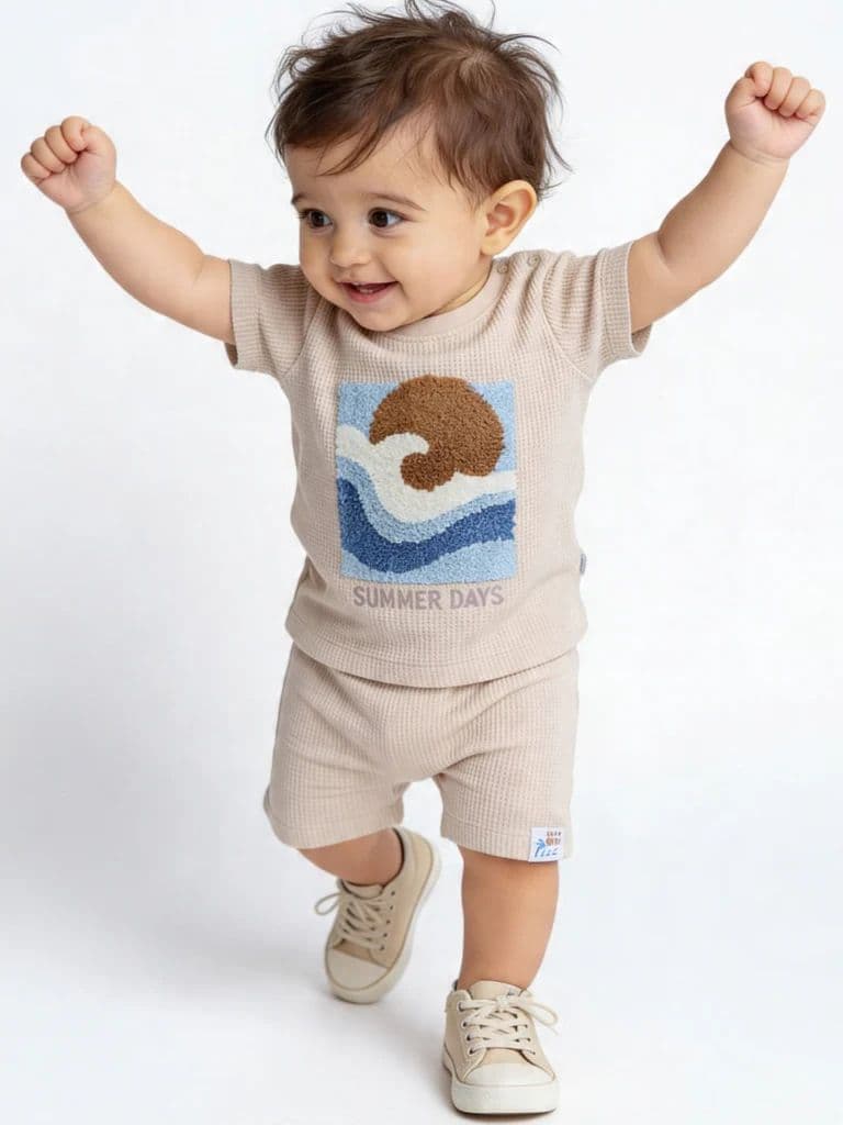 HOP Baby Boys Beige Graphic T-Shirt and Shorts Set