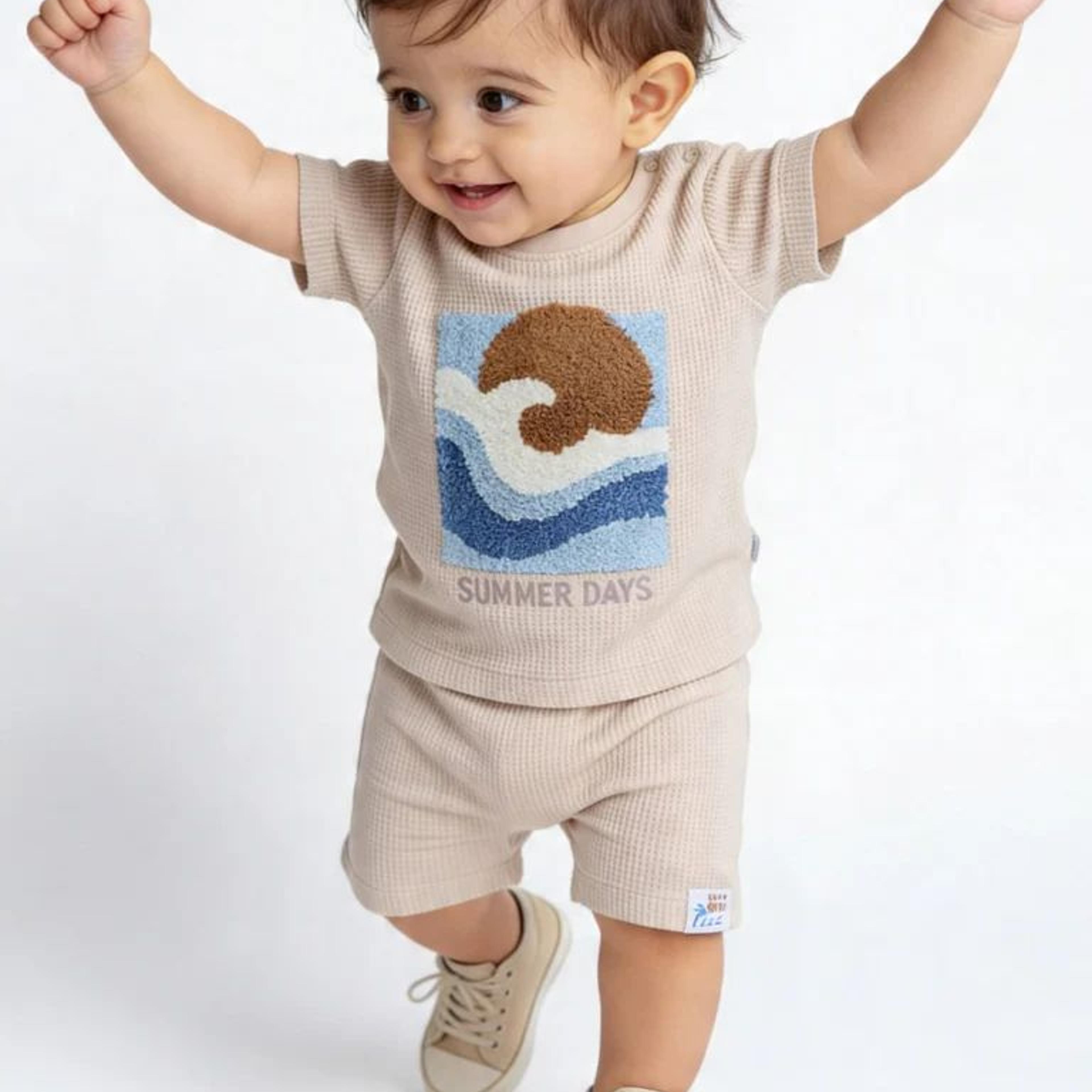 HOP Baby Boys Beige Graphic T-Shirt and Shorts Set