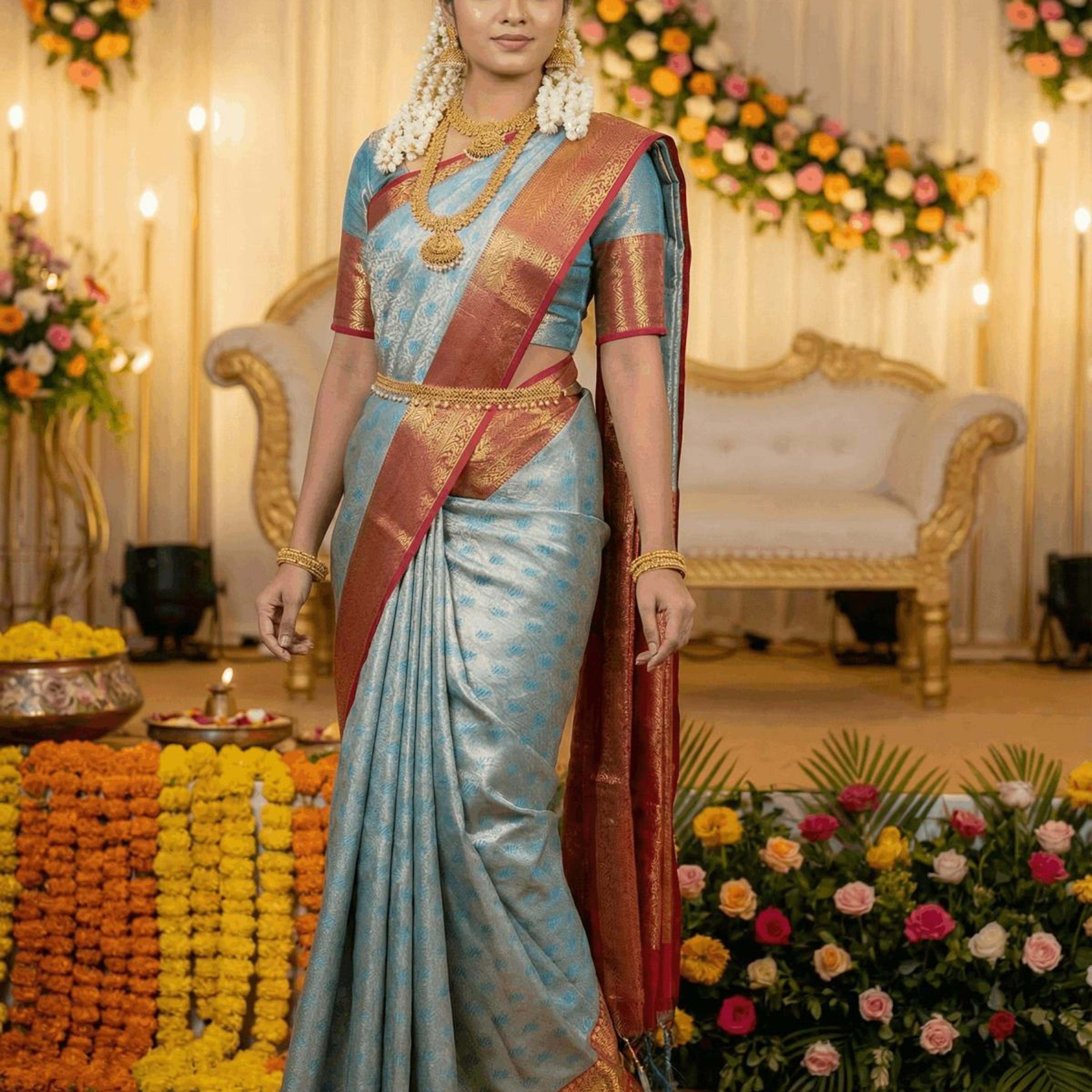 MIMOSA Women's Woven Design Kanjivaram Style Art Silk Saree with Blouse Piece - Ananda (SA00002866ANFREE)