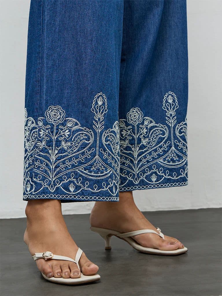 Utsa Indigo Floral Embroidered Cotton Pants — photo 3