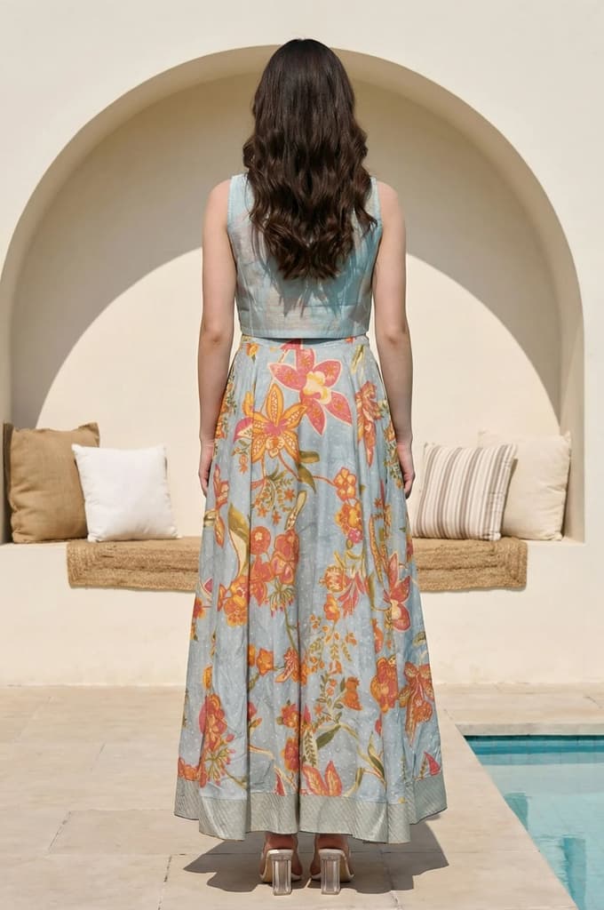 Blue Embroidered Cotton Blend Flared Dress and Gillet Set — photo 4