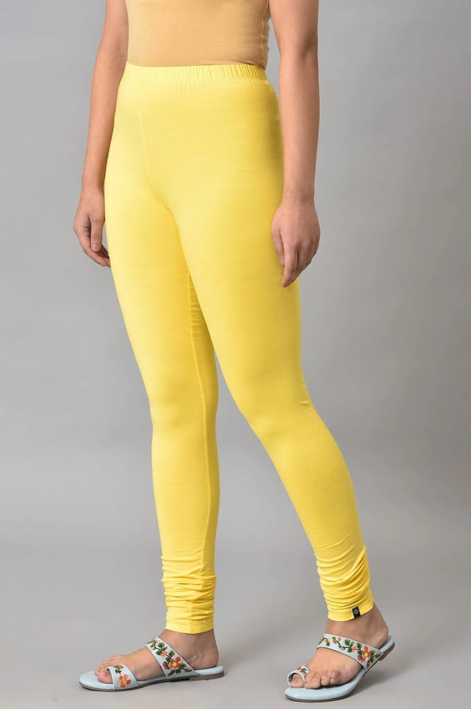 Yellow Solid Skinny Fit Cotton High Waisted Churidar — photo 3