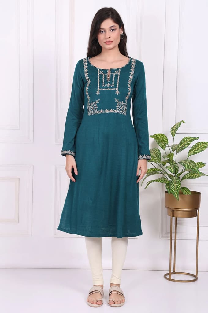 Teal Embroidered Acrylic Straight Kurta — photo 2