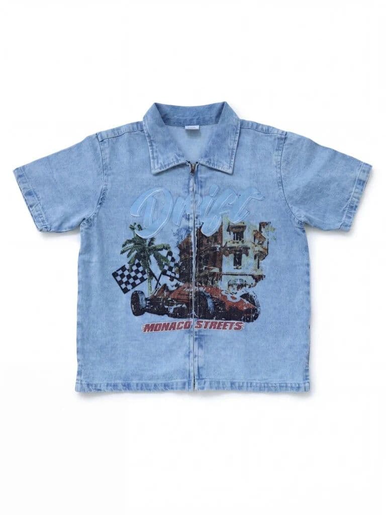 Y&F Kids Boys Blue Graphic Print Zip-Up Denim Shirt — photo 3