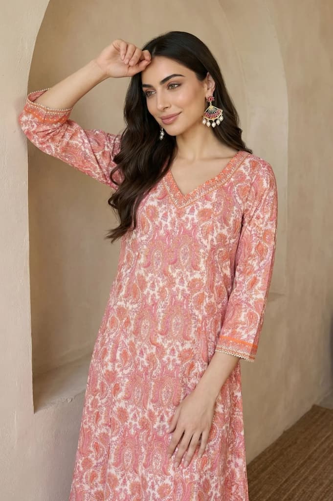 Peach Paisley Printed Sequins Modal Anarkali Kurta — photo 2