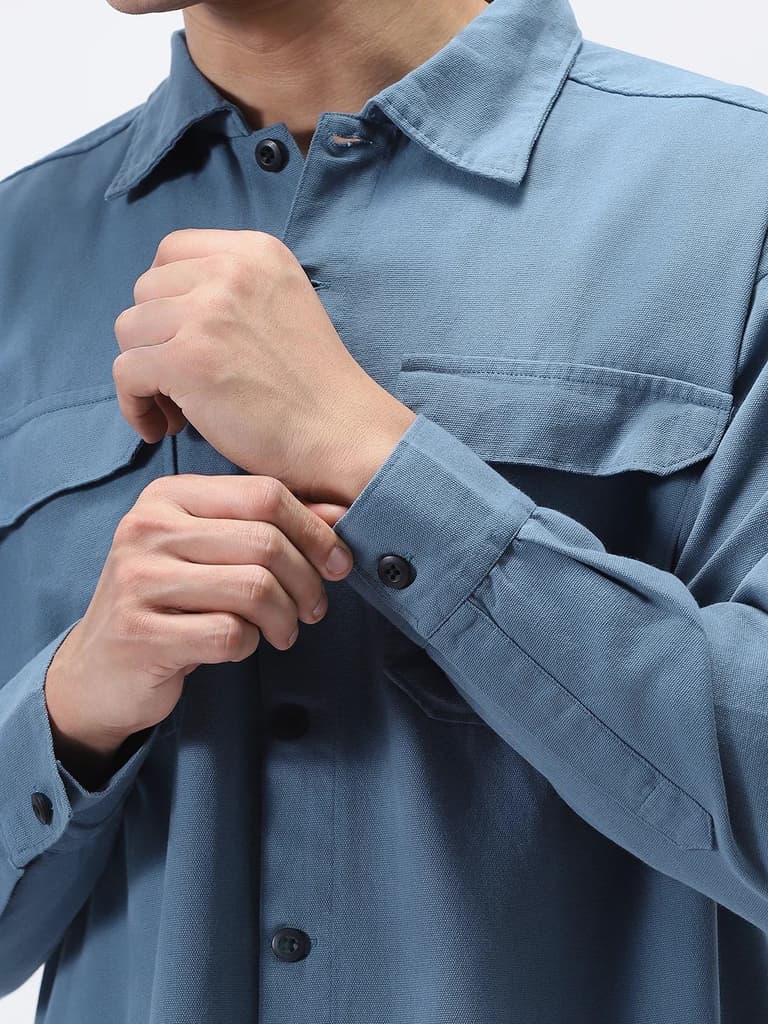 Men's Blue Cotton Full Sleeve Relaxed Fit Shacket with Utility Pockets — photo 7