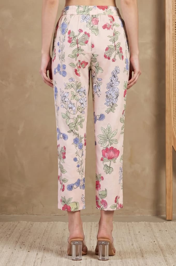 Peach Floral Printed Pure Cotton Straight Fit Pants — photo 4