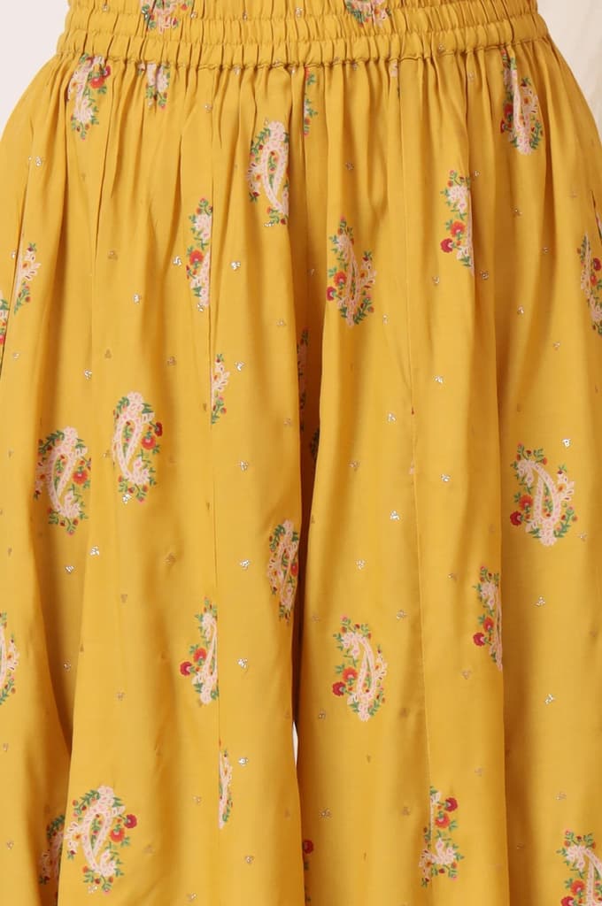 Mustard Yellow Printed Short Shantung Kurti, Culottes and Dupatta Set — photo 9