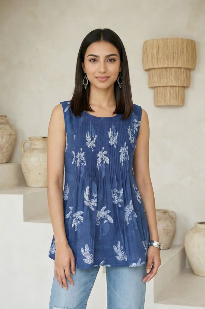 Blue Floral Printed Pure Cotton Flared Top — photo 5
