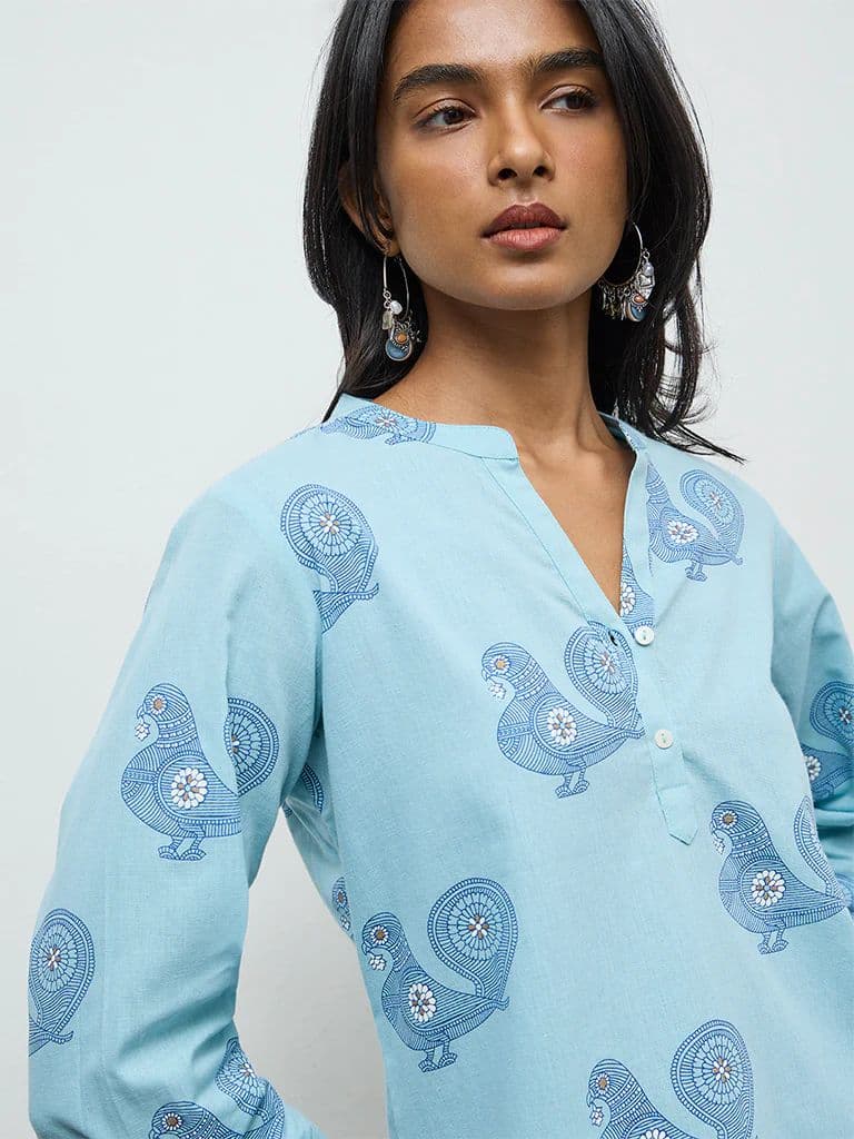 Utsa Turquoise Printed Cotton-Blend Kurti — photo 3