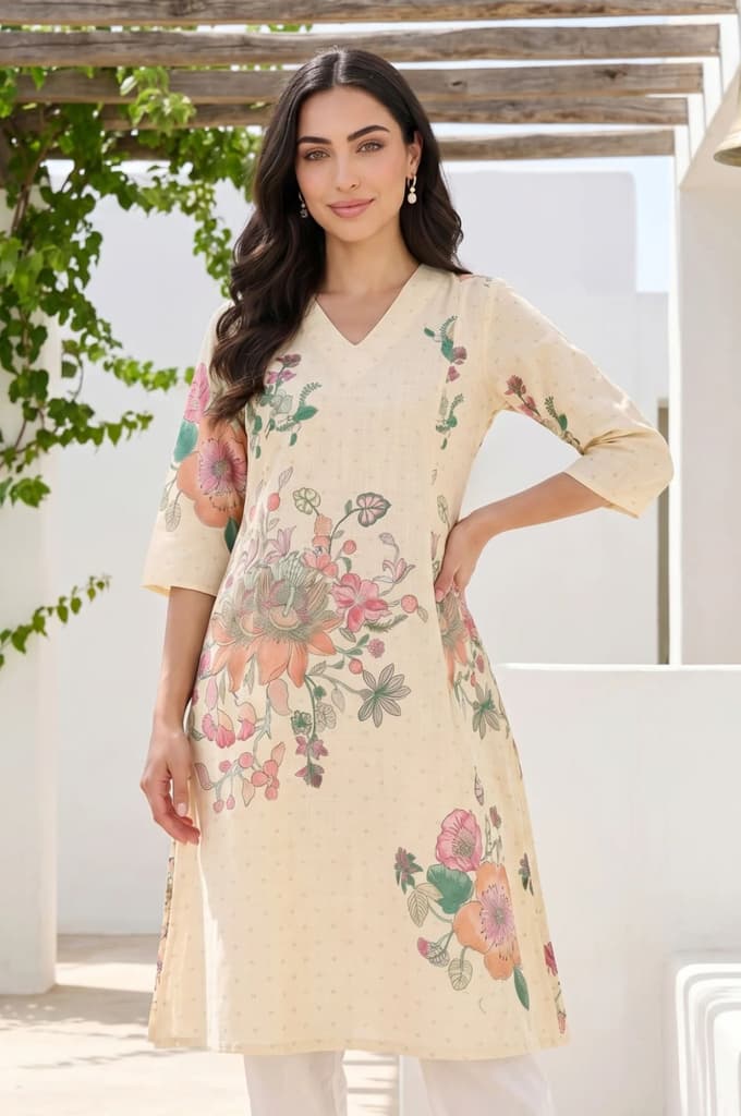 Beige Floral Printed Pure Cotton Straight Kurta — photo 2