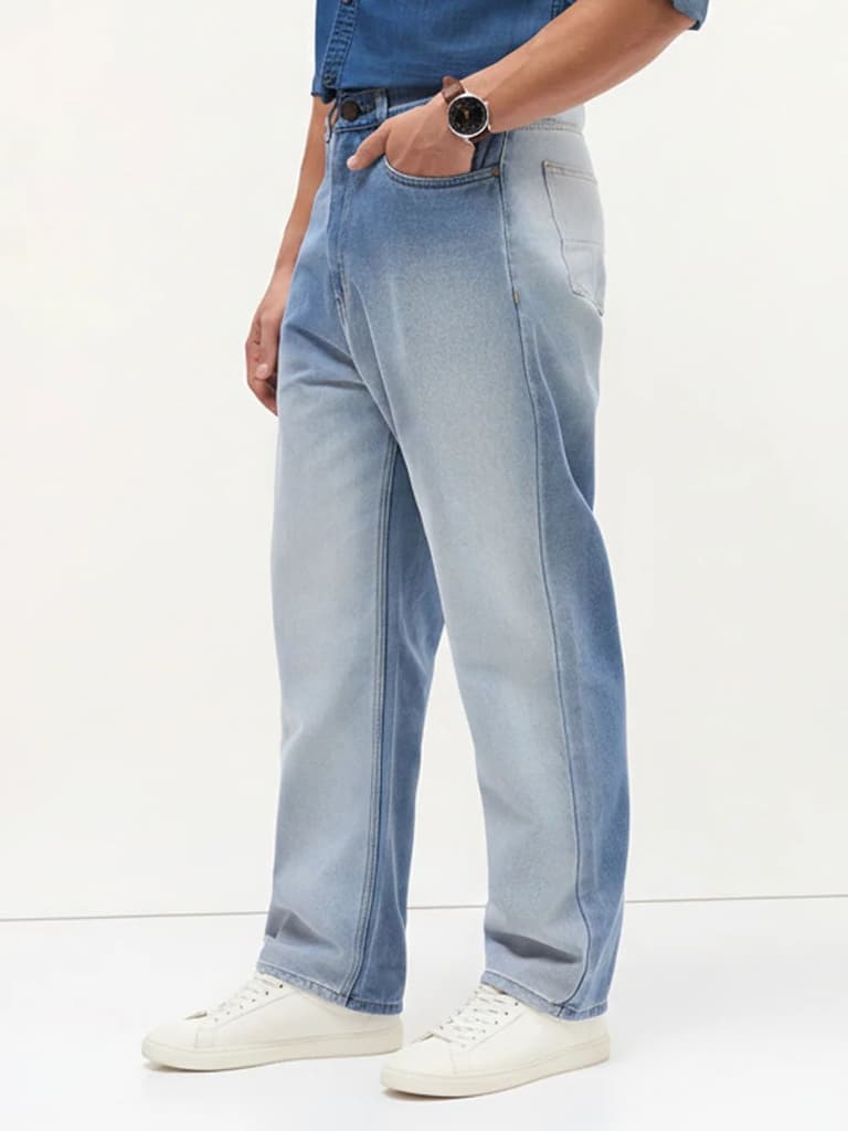 Men's Light Blue Loose Baggy Fit Heavy Washed Faded Denim Jeans Non-Stretchable — photo 3