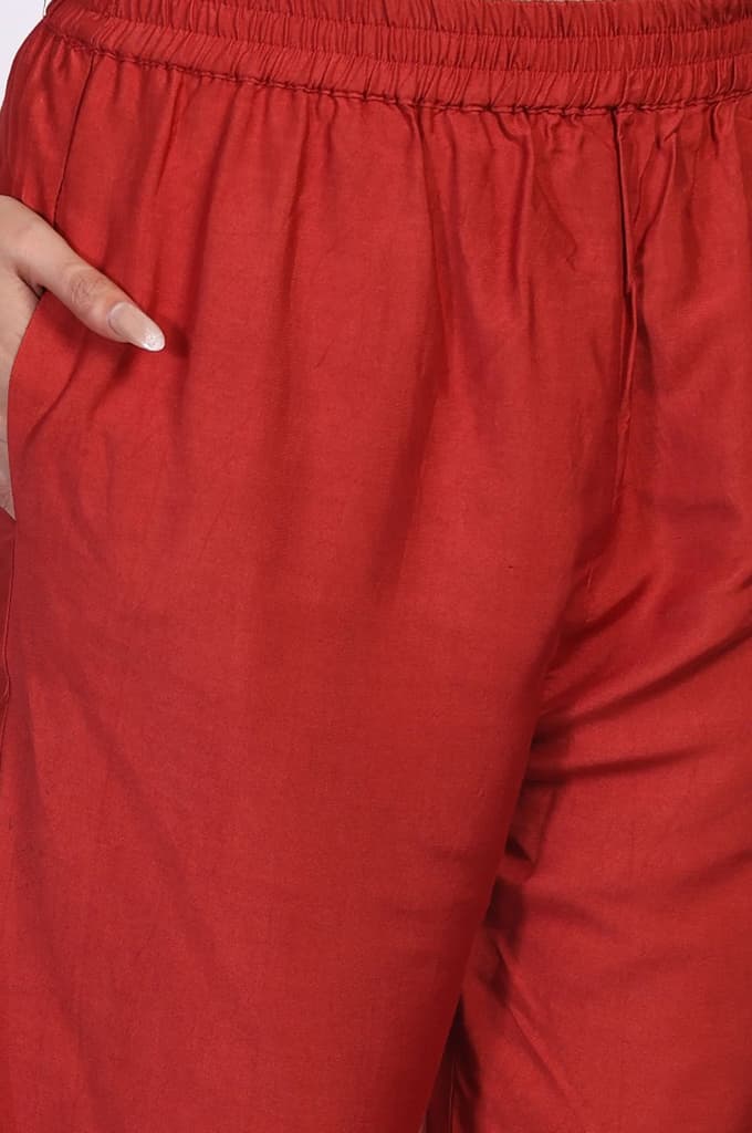 Red Ethnic Motifs Printed Embellished Anarkali Organza Kurta with Straight Pant and Dupatta Set — photo 8