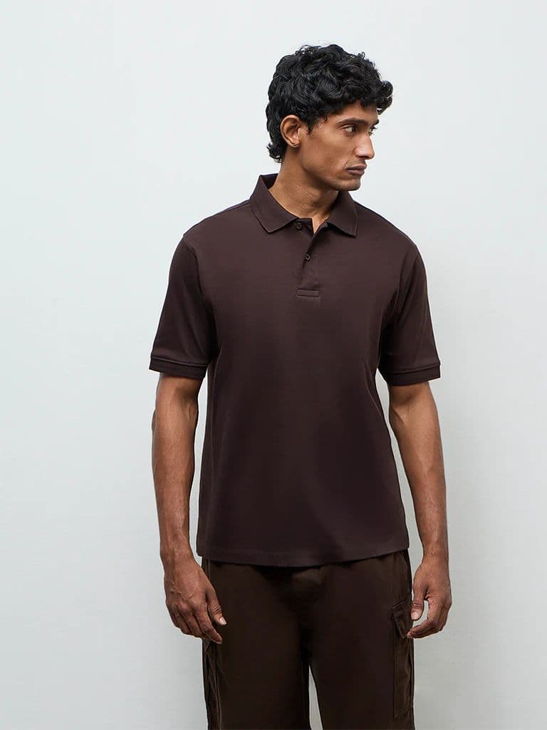 WES Casuals Dark Brown Relaxed-Fit Cotton-Blend Polo T-Shirt — photo 3