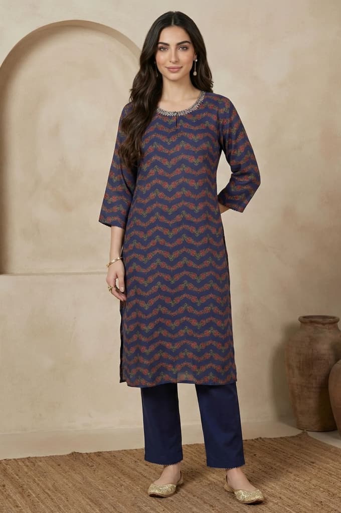 Navy Blue Chevron Beadwork Straight Kurta — XS