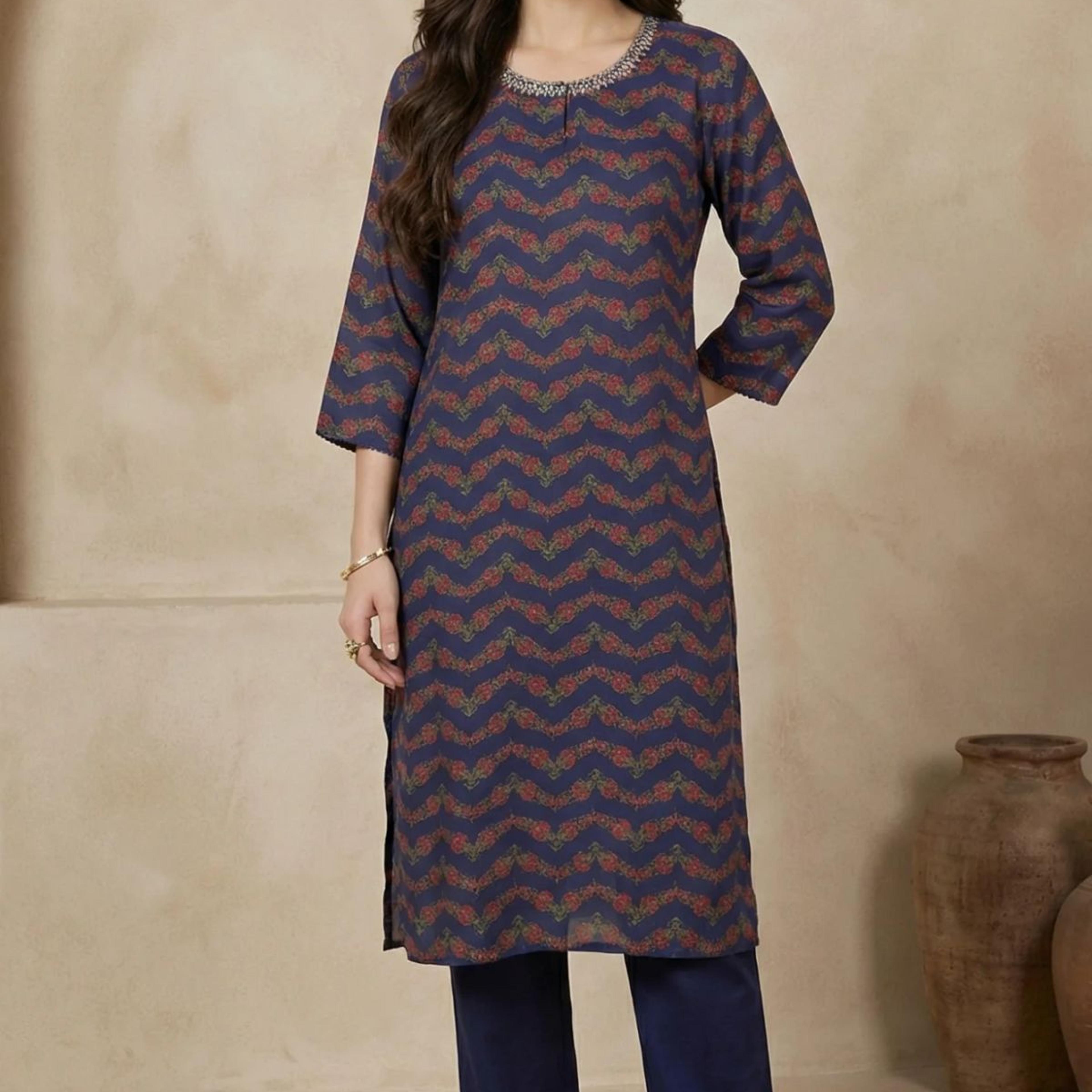 Navy Blue Chevron Beadwork Straight Kurta
