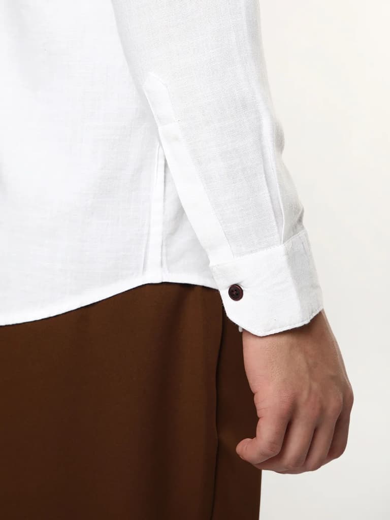 Men's White Linen Blend Full Sleeve Relaxed Fit Mandarin Collar Casual Solid Shirt — photo 5