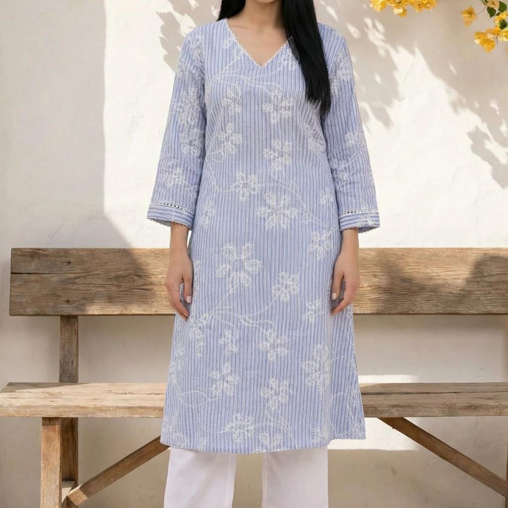Blue Thread Embroidered Pure Cotton Straight Kurta