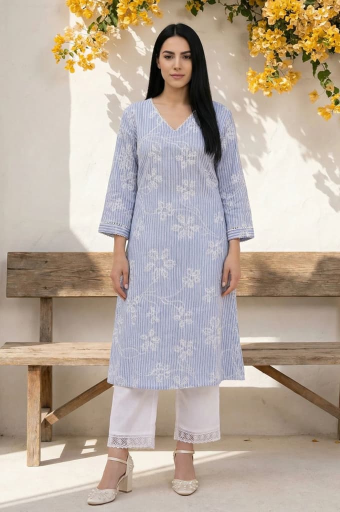 Blue Thread Embroidered Pure Cotton Straight Kurta — XS