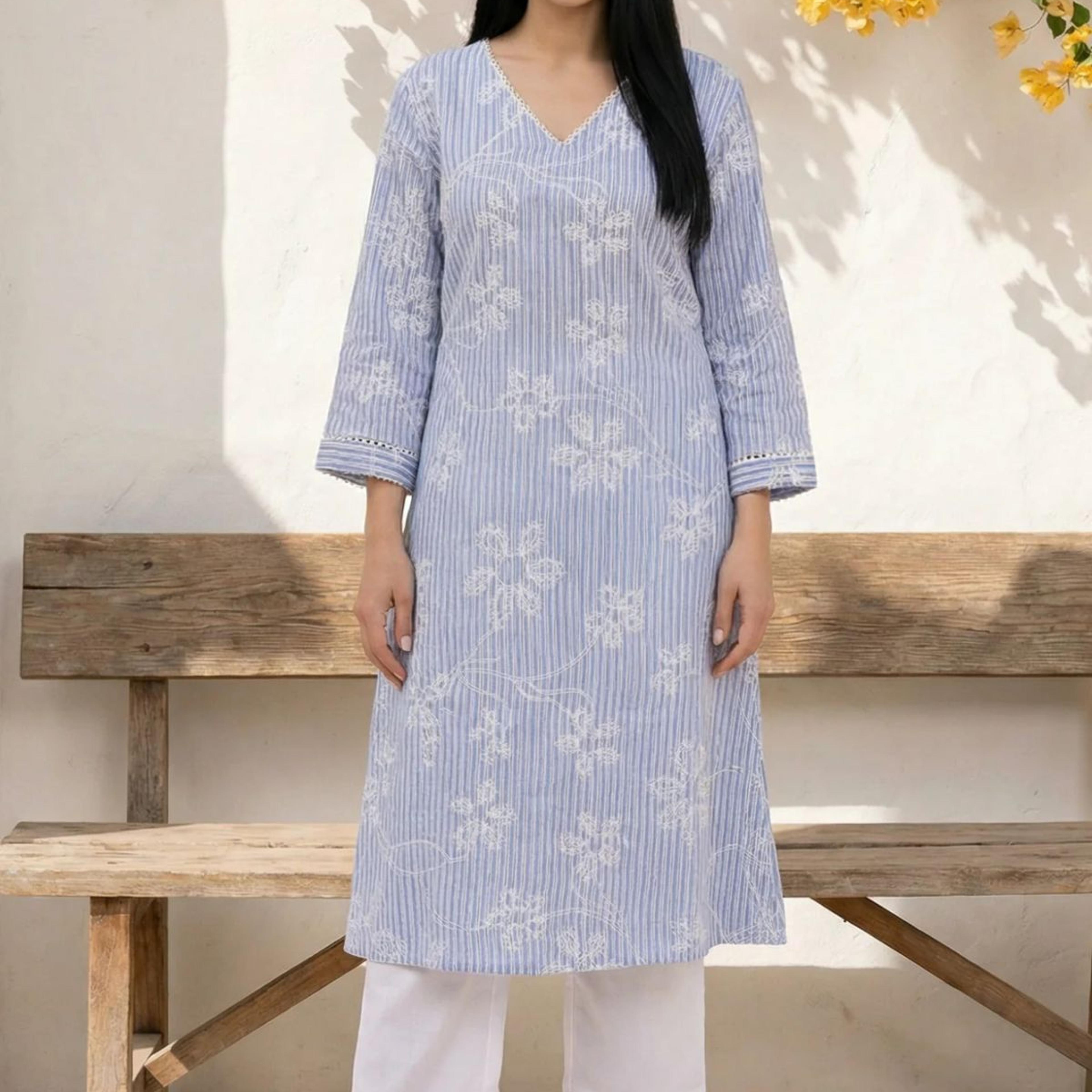 Blue Thread Embroidered Pure Cotton Straight Kurta