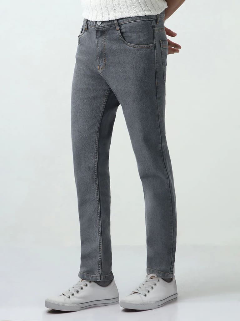 Men's Grey Slim Fit Washed Denim Jeans Stretchable — photo 2