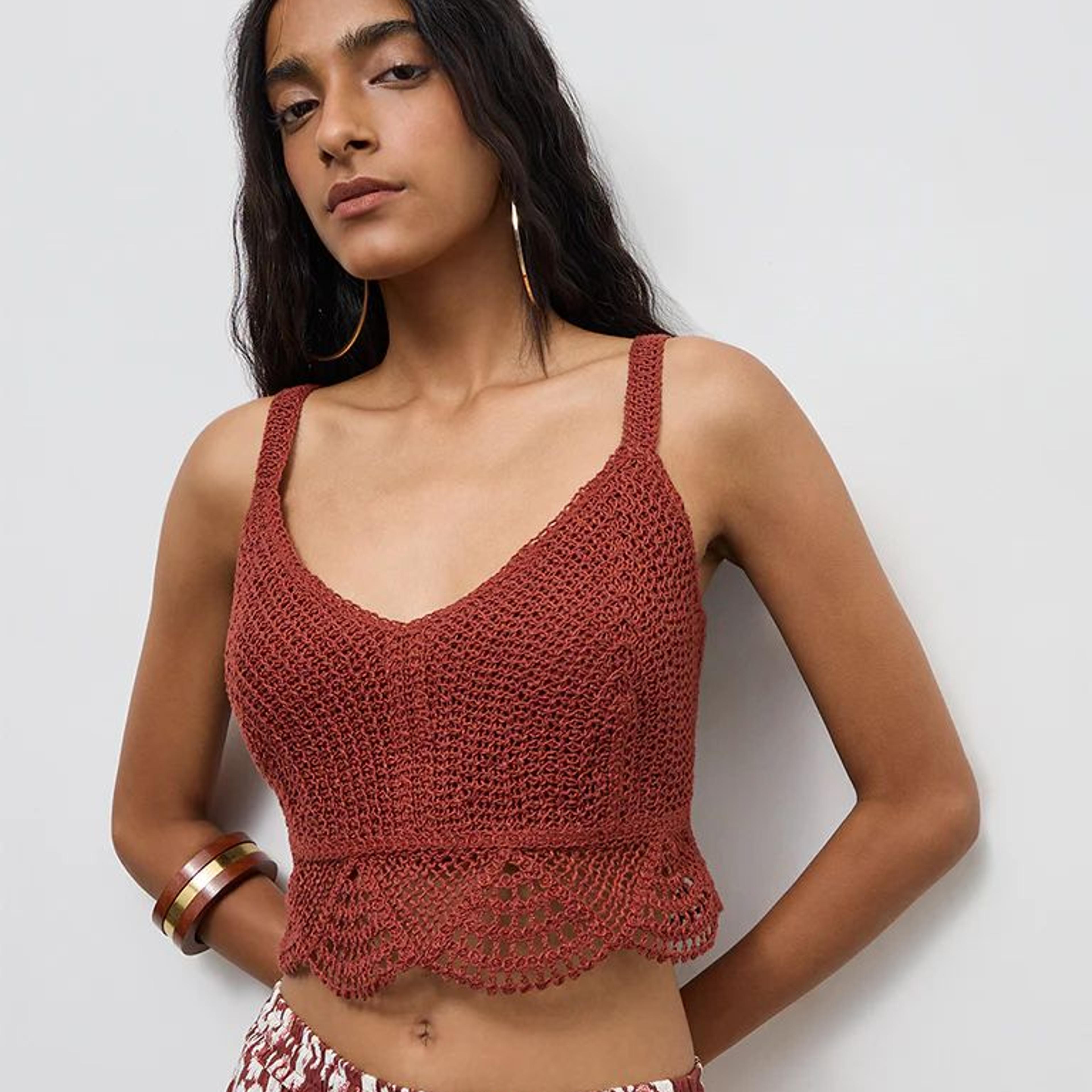 Bombay Paisley Rust Crochet Embroidered Cotton-Blend Top